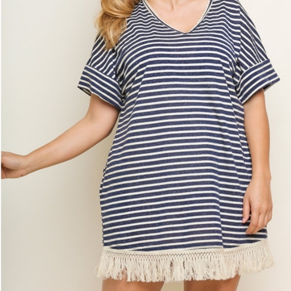 XL Navy stripe dress with fringe hem - Picture 2 of 3